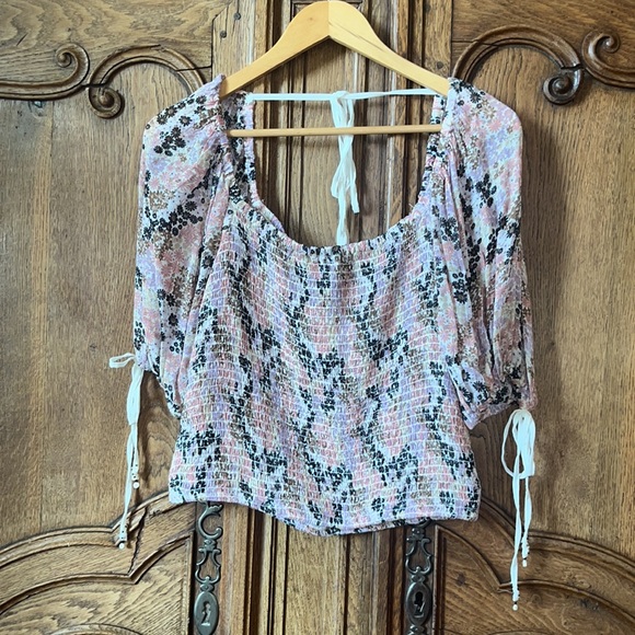 Free People Back On Top Crop Smocked Shirt Blouse Soft Combo Puff Sleeve - Picture 6 of 15